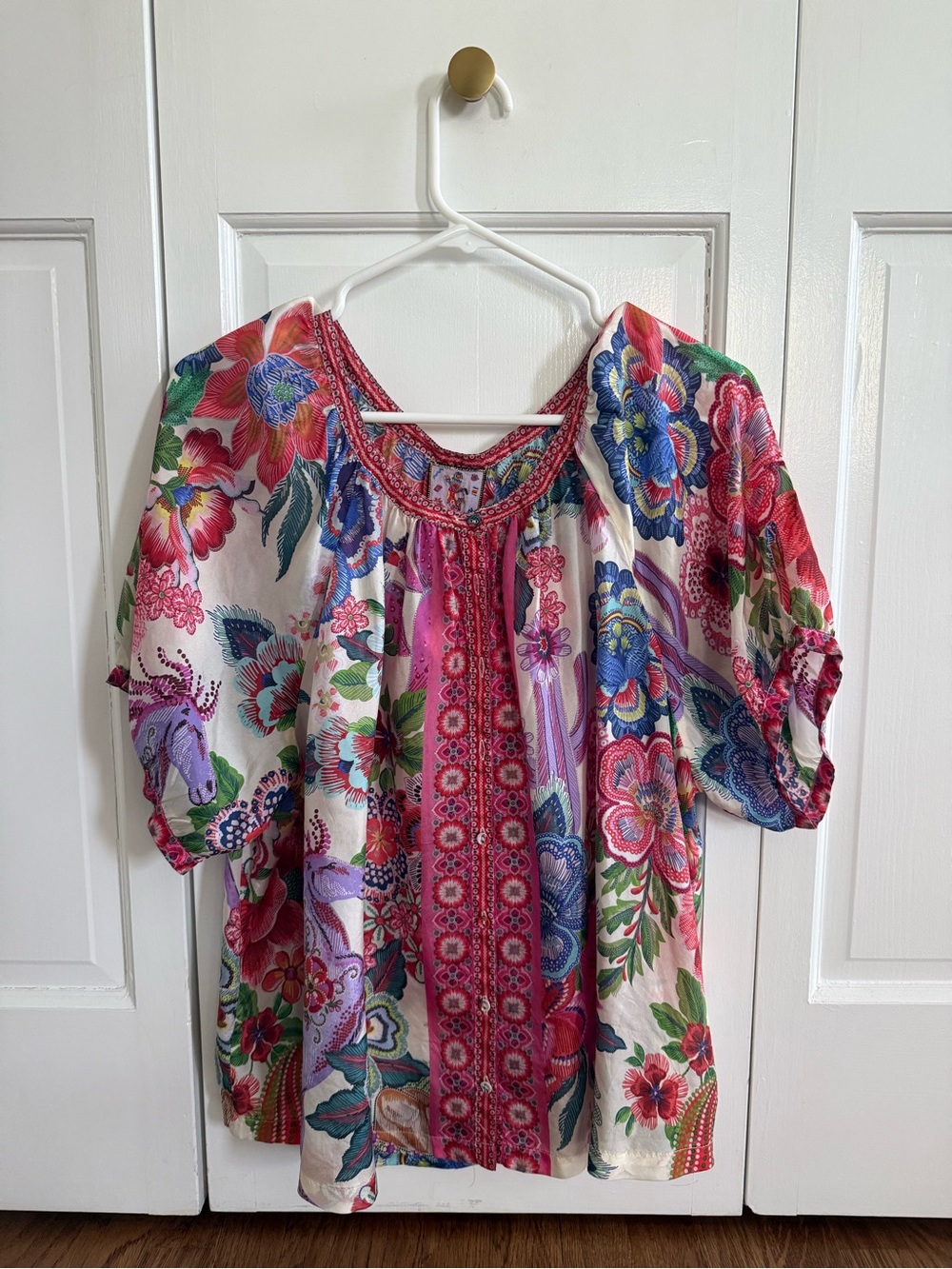 Johnny Was Multicolor Embroidered Silk Blouse in Pink, Blue & Green